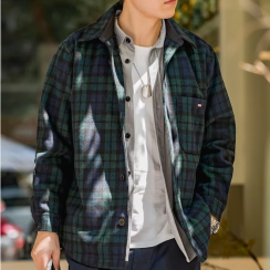 Blue Green Plaid Woolen Loose Thick Plaid Shirt