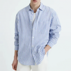 5 Pks Long Sleeve Round Hem Button Up Relaxed Stripe Cotton Linen Shirt