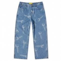 Laser Printed Stone Wash Baggy Jeans